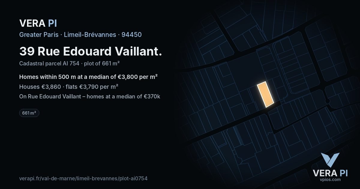 39 Rue Edouard Vaillant, Limeil-Brévannes at night – the plot lit, the parcels around coloured by the prices near them