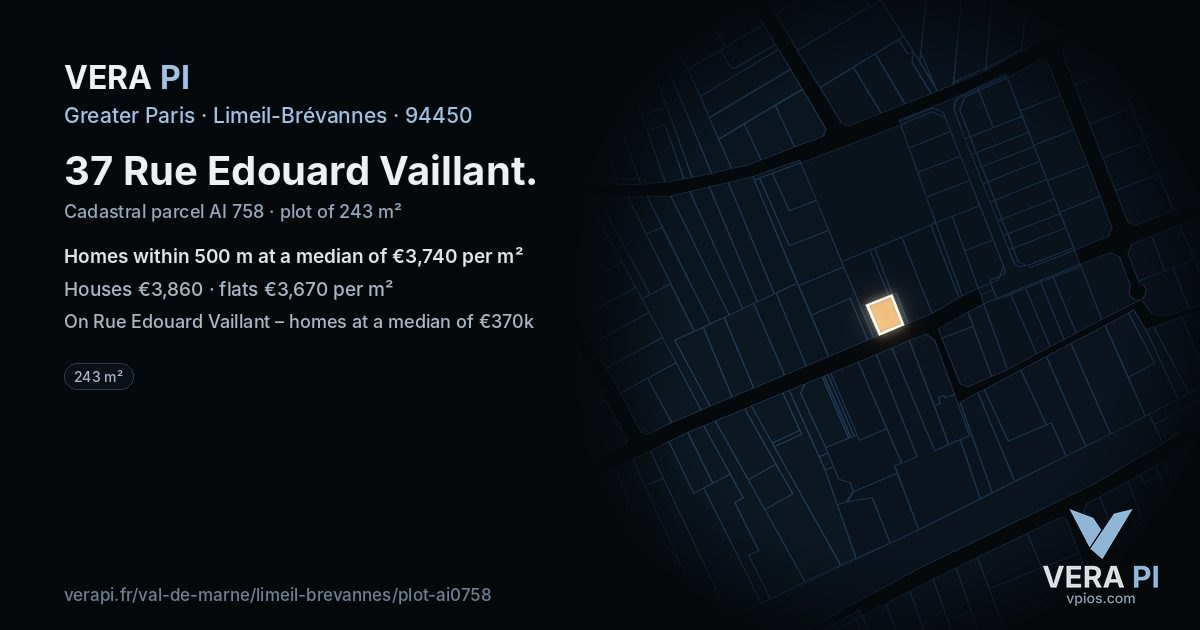 37 Rue Edouard Vaillant, Limeil-Brévannes at night – the plot lit, the parcels around coloured by the prices near them
