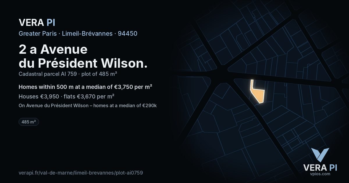 2 a Avenue du Président Wilson, Limeil-Brévannes at night – the plot lit, the parcels around coloured by the prices near them