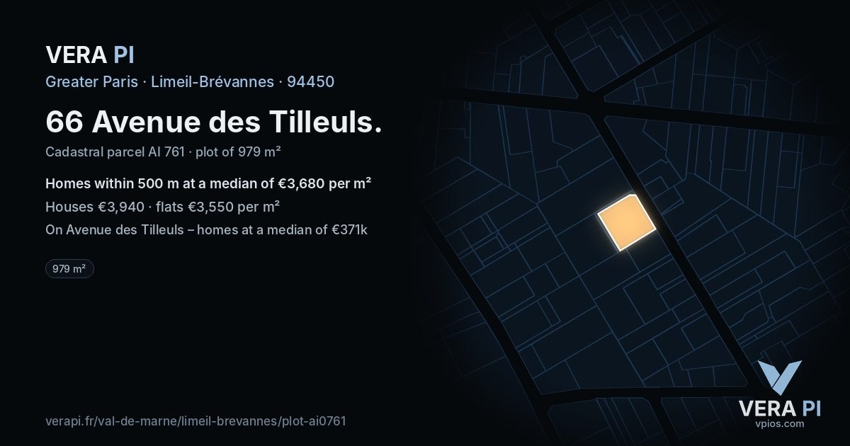 66 Avenue des Tilleuls, Limeil-Brévannes at night – the plot lit, the parcels around coloured by the prices near them