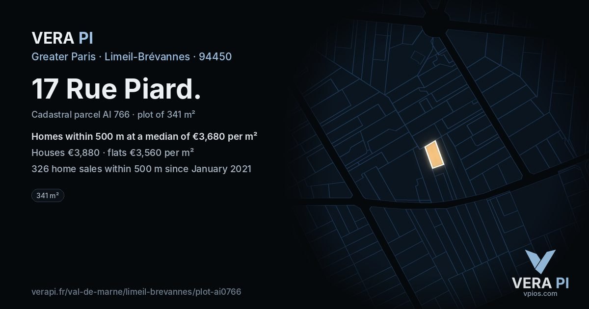 17 Rue Piard, Limeil-Brévannes at night – the plot lit, the parcels around coloured by the prices near them