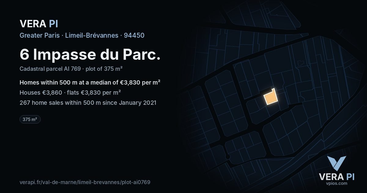 6 Impasse du Parc, Limeil-Brévannes at night – the plot lit, the parcels around coloured by the prices near them
