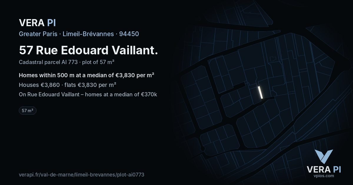 57 Rue Edouard Vaillant, Limeil-Brévannes at night – the plot lit, the parcels around coloured by the prices near them