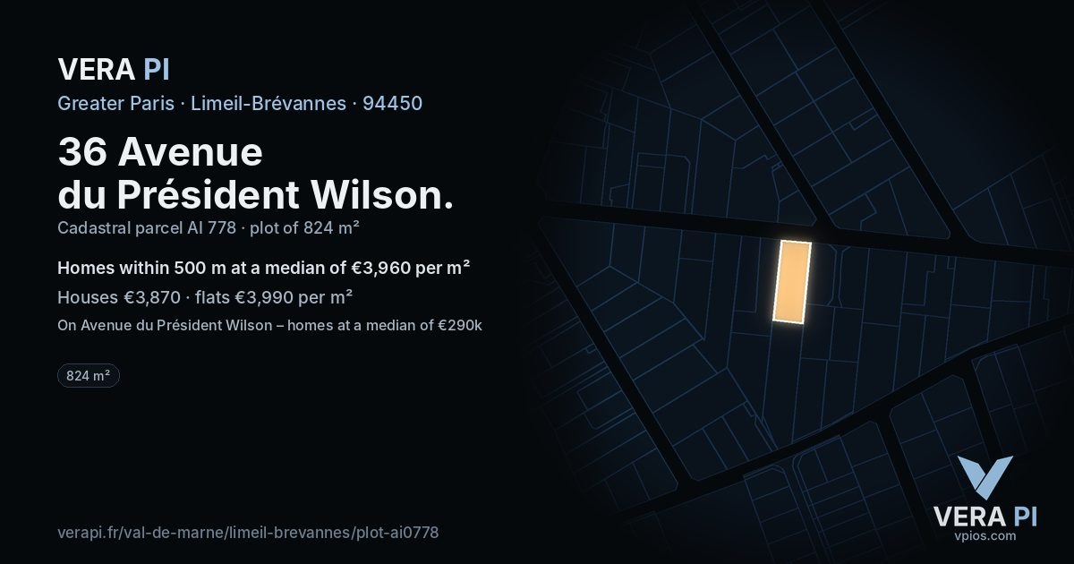 36 Avenue du Président Wilson, Limeil-Brévannes at night – the plot lit, the parcels around coloured by the prices near them