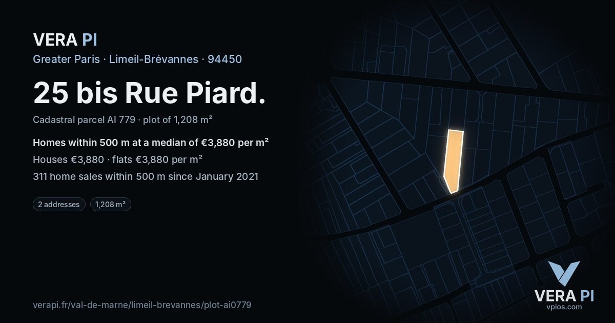 25 bis Rue Piard, Limeil-Brévannes at night – the plot lit, the parcels around coloured by the prices near them