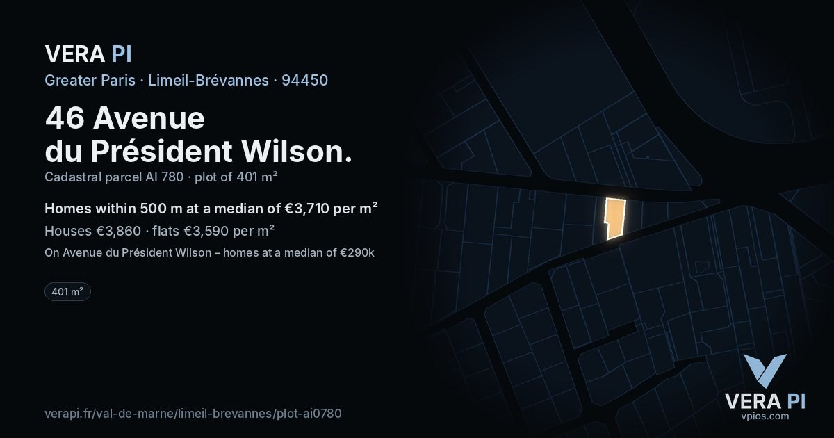 46 Avenue du Président Wilson, Limeil-Brévannes at night – the plot lit, the parcels around coloured by the prices near them