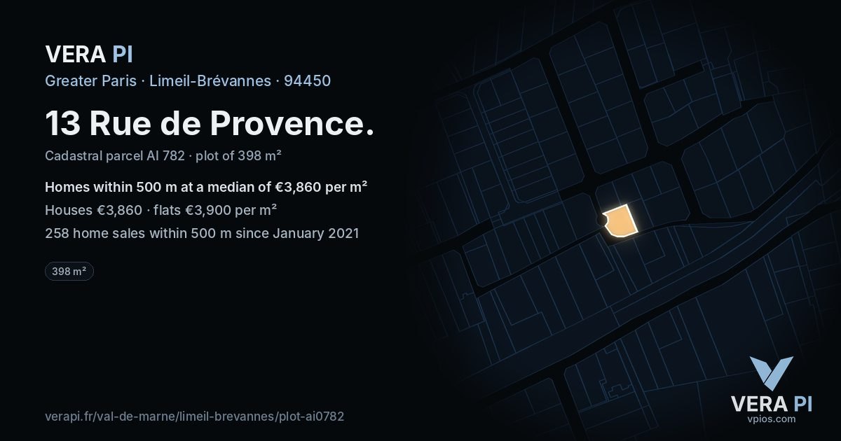 13 Rue de Provence, Limeil-Brévannes at night – the plot lit, the parcels around coloured by the prices near them