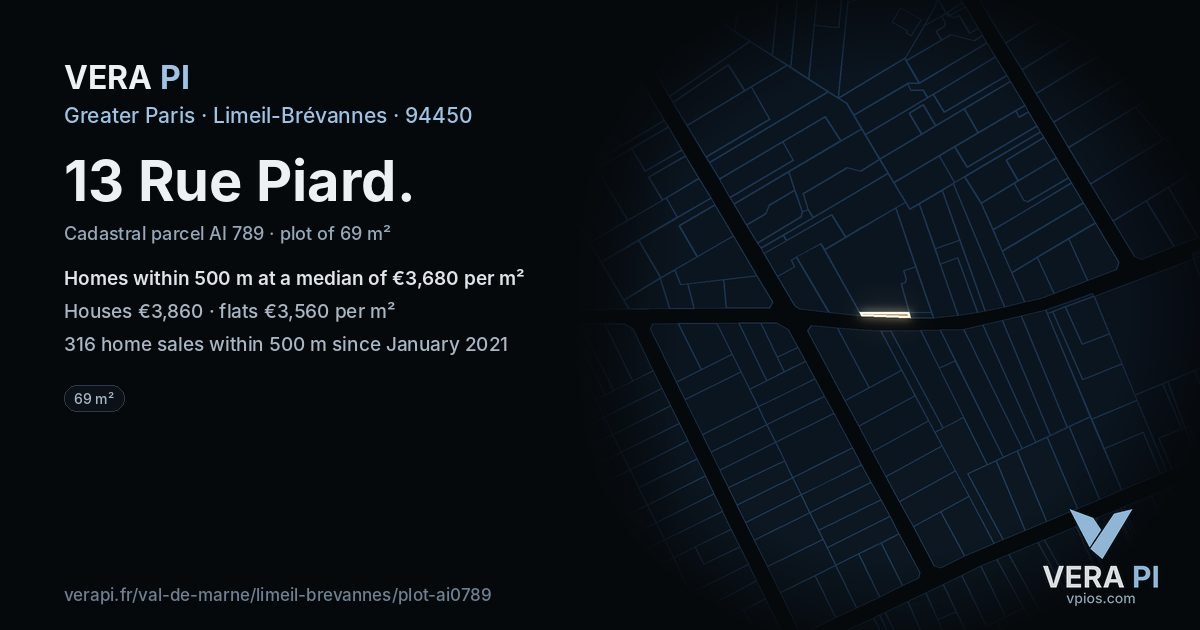 13 Rue Piard, Limeil-Brévannes at night – the plot lit, the parcels around coloured by the prices near them