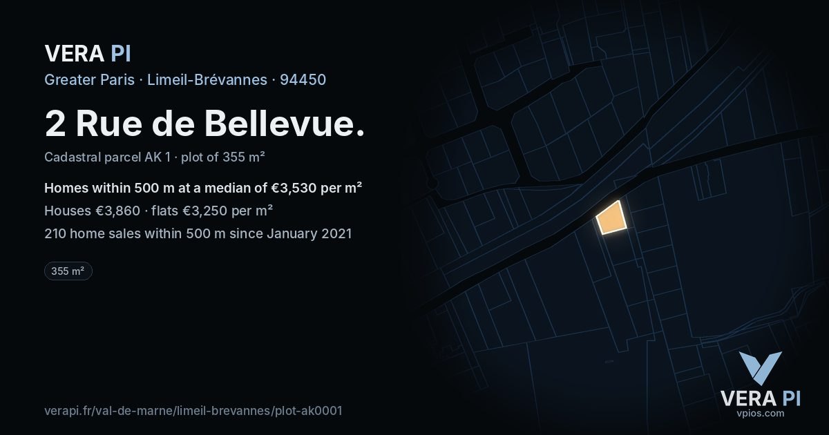 2 Rue de Bellevue, Limeil-Brévannes at night – the plot lit, the parcels around coloured by the prices near them