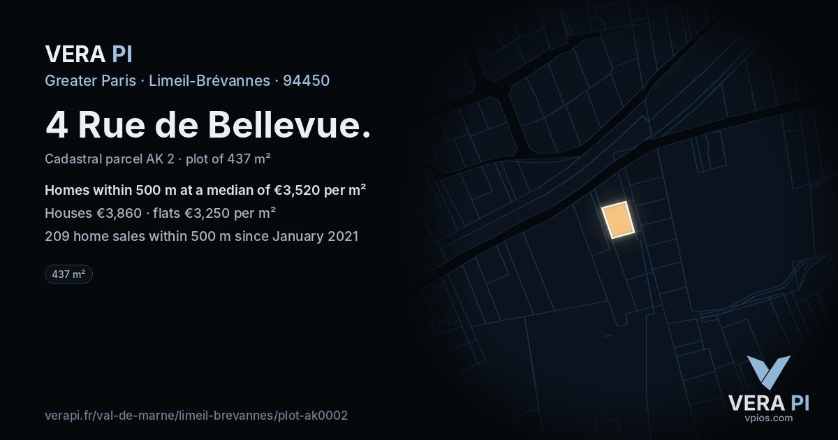 4 Rue de Bellevue, Limeil-Brévannes at night – the plot lit, the parcels around coloured by the prices near them