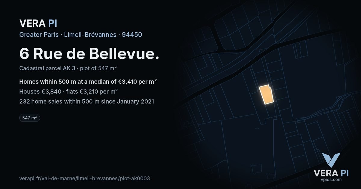 6 Rue de Bellevue, Limeil-Brévannes at night – the plot lit, the parcels around coloured by the prices near them