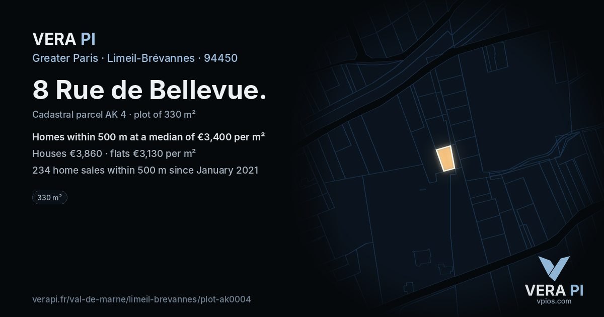 8 Rue de Bellevue, Limeil-Brévannes at night – the plot lit, the parcels around coloured by the prices near them
