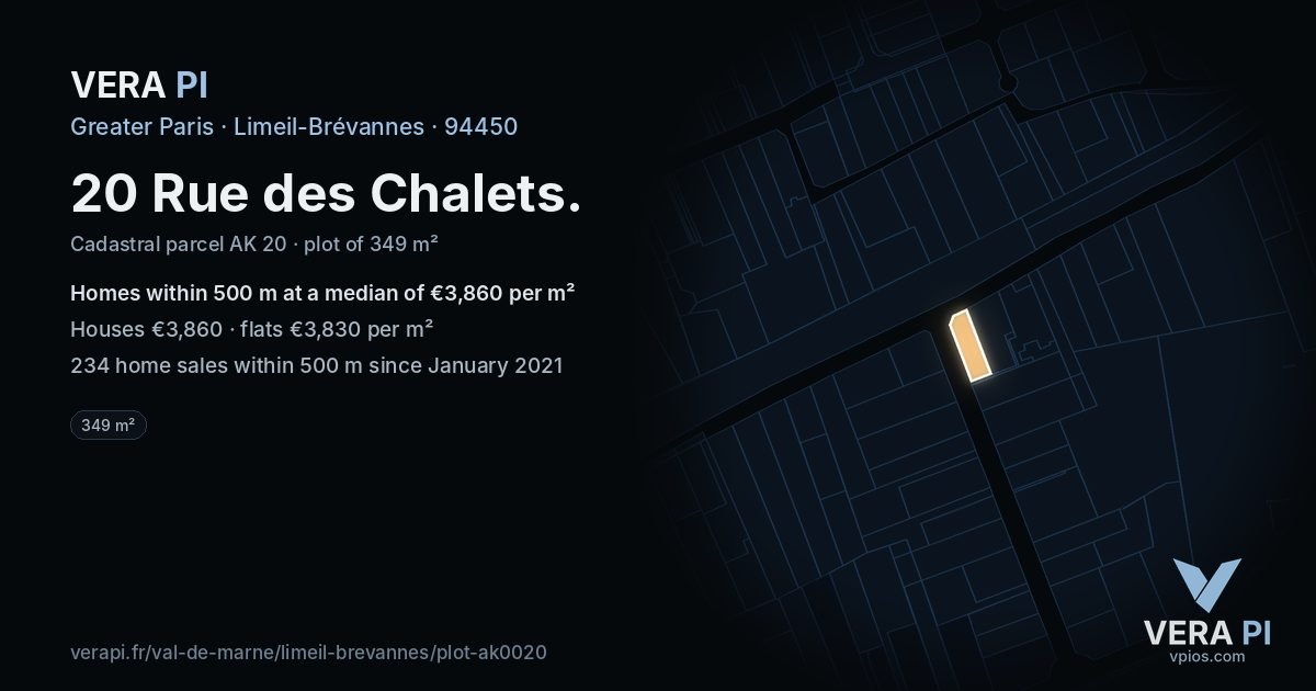 20 Rue des Chalets, Limeil-Brévannes at night – the plot lit, the parcels around coloured by the prices near them