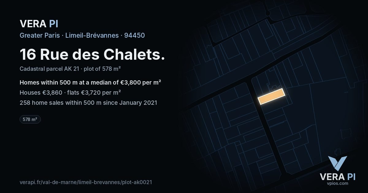 16 Rue des Chalets, Limeil-Brévannes at night – the plot lit, the parcels around coloured by the prices near them