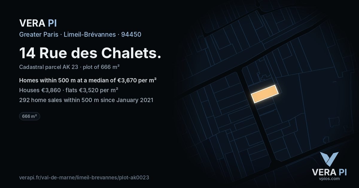 14 Rue des Chalets, Limeil-Brévannes at night – the plot lit, the parcels around coloured by the prices near them