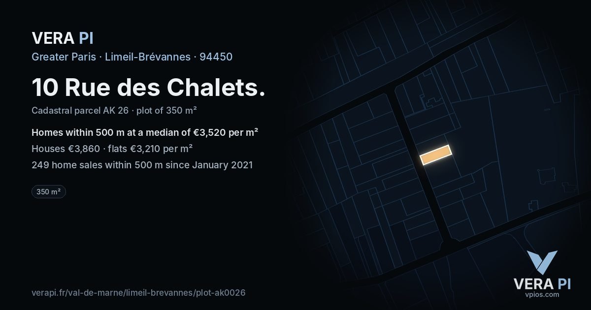 10 Rue des Chalets, Limeil-Brévannes at night – the plot lit, the parcels around coloured by the prices near them