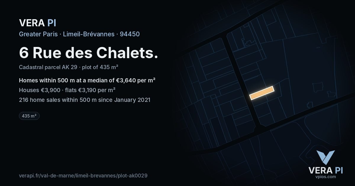 6 Rue des Chalets, Limeil-Brévannes at night – the plot lit, the parcels around coloured by the prices near them