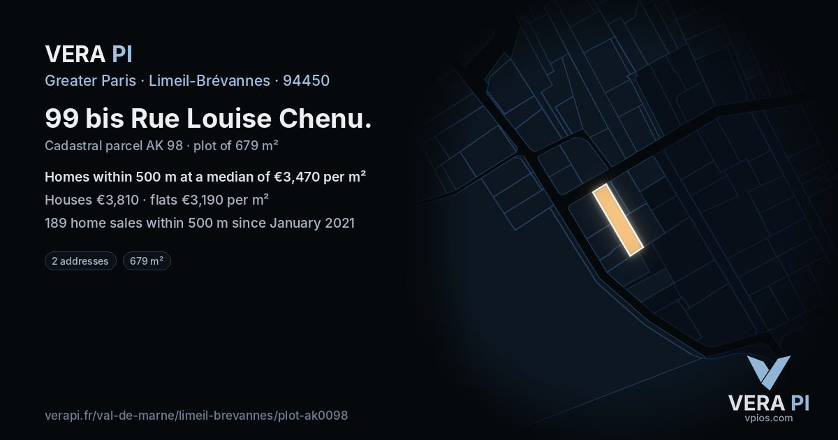 99 bis Rue Louise Chenu, Limeil-Brévannes at night – the plot lit, the parcels around coloured by the prices near them