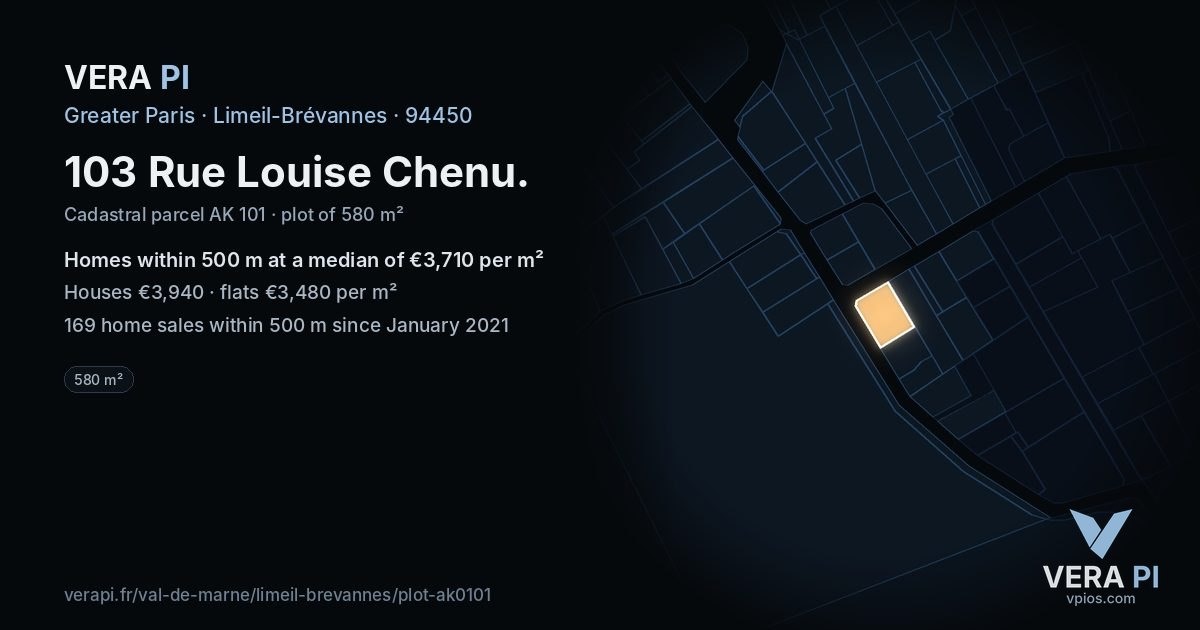 103 Rue Louise Chenu, Limeil-Brévannes at night – the plot lit, the parcels around coloured by the prices near them