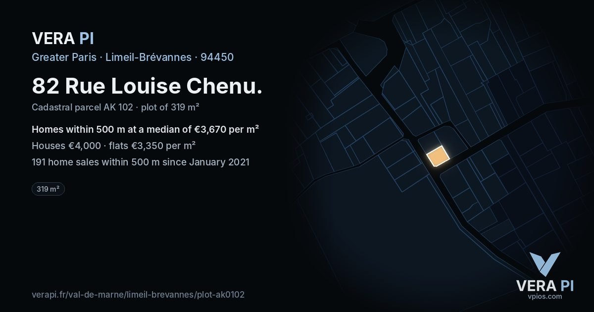 82 Rue Louise Chenu, Limeil-Brévannes at night – the plot lit, the parcels around coloured by the prices near them