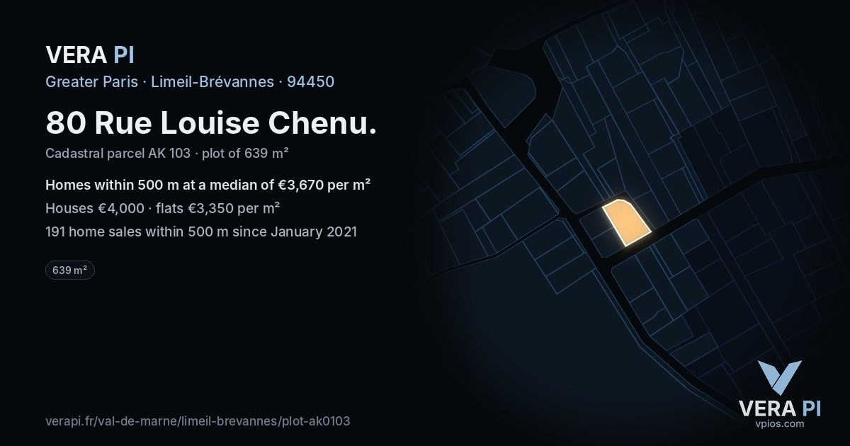 80 Rue Louise Chenu, Limeil-Brévannes at night – the plot lit, the parcels around coloured by the prices near them