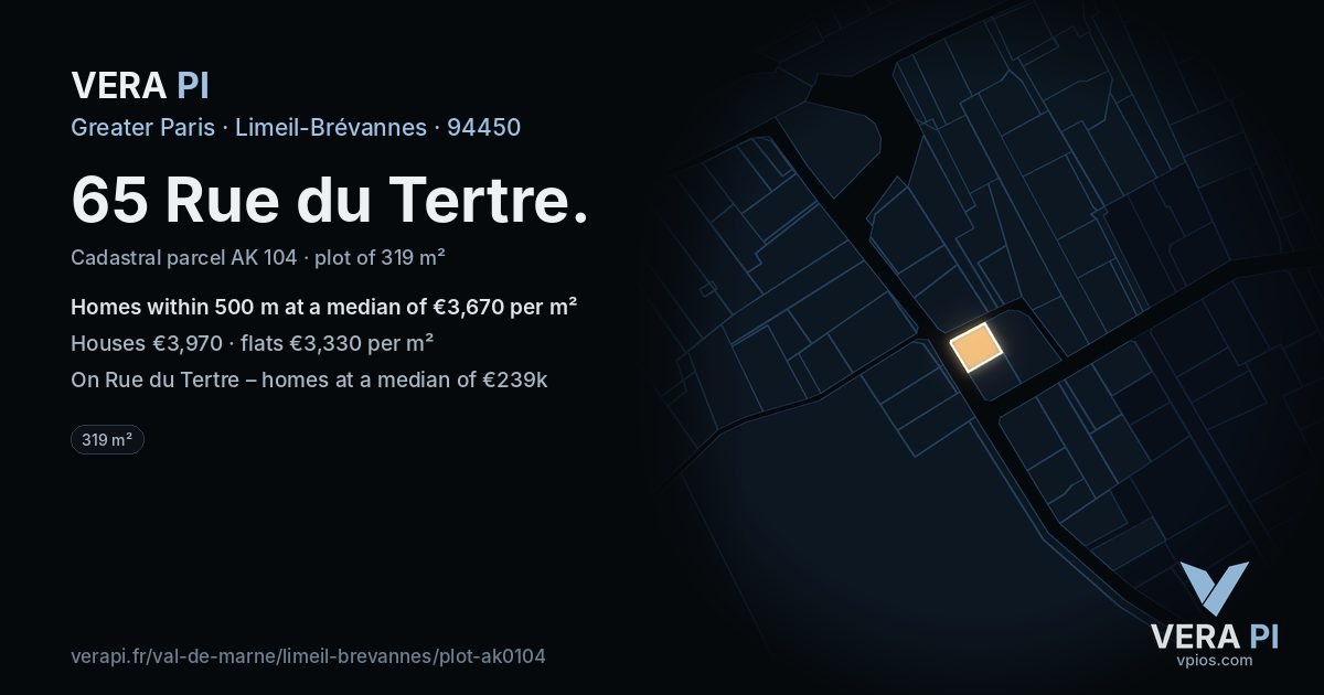 65 Rue du Tertre, Limeil-Brévannes at night – the plot lit, the parcels around coloured by the prices near them