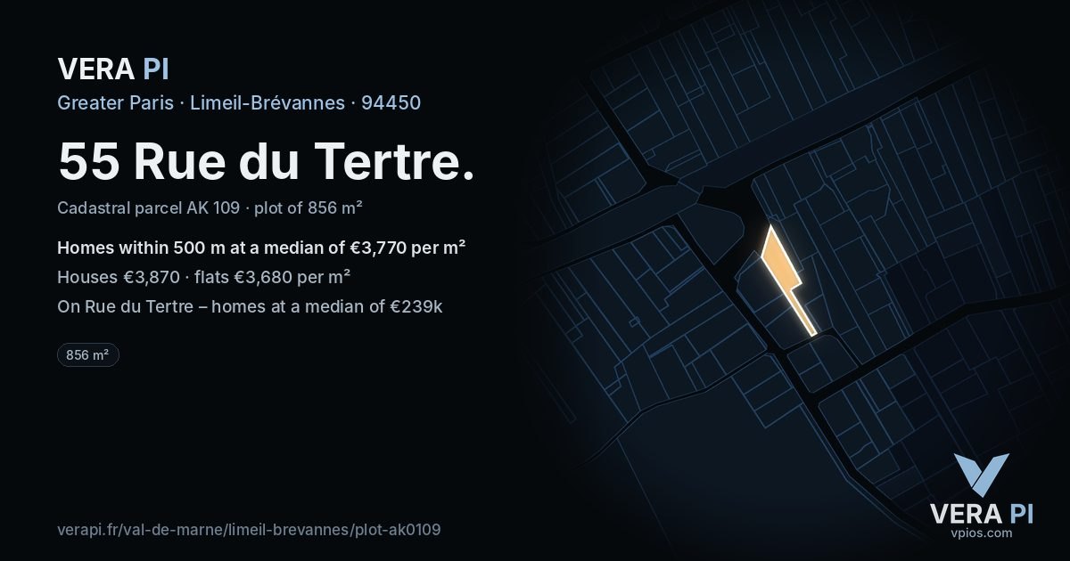 55 Rue du Tertre, Limeil-Brévannes at night – the plot lit, the parcels around coloured by the prices near them