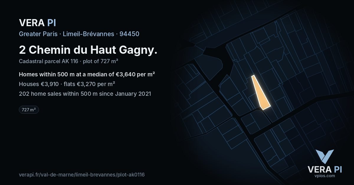 2 Chemin du Haut Gagny, Limeil-Brévannes at night – the plot lit, the parcels around coloured by the prices near them