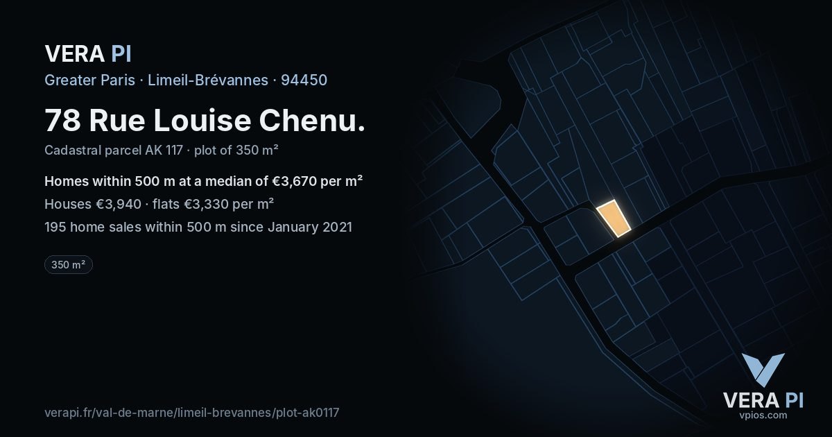 78 Rue Louise Chenu, Limeil-Brévannes at night – the plot lit, the parcels around coloured by the prices near them