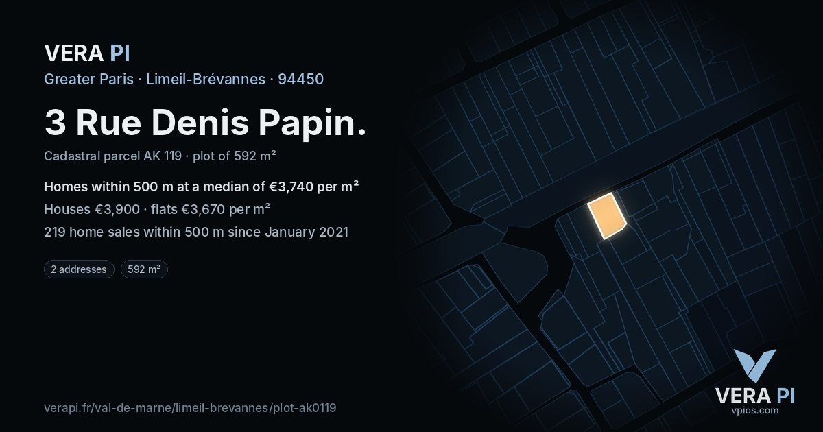 3 Rue Denis Papin, Limeil-Brévannes at night – the plot lit, the parcels around coloured by the prices near them
