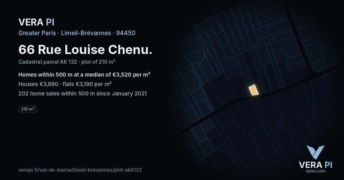 66 Rue Louise Chenu, Limeil-Brévannes at night – the plot lit, the parcels around coloured by the prices near them