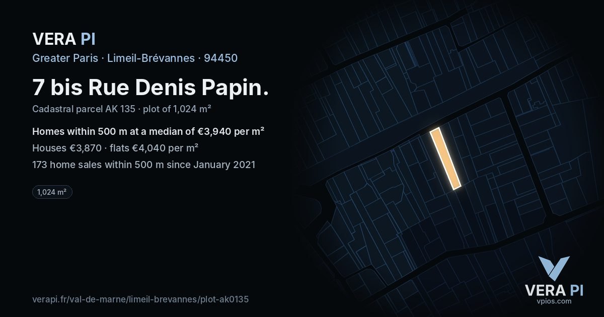 7 bis Rue Denis Papin, Limeil-Brévannes at night – the plot lit, the parcels around coloured by the prices near them