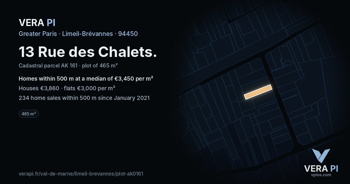 13 Rue des Chalets, Limeil-Brévannes at night – the plot lit, the parcels around coloured by the prices near them
