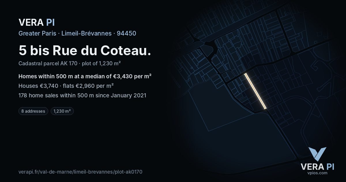 5 bis Rue du Coteau, Limeil-Brévannes at night – the plot lit, the parcels around coloured by the prices near them