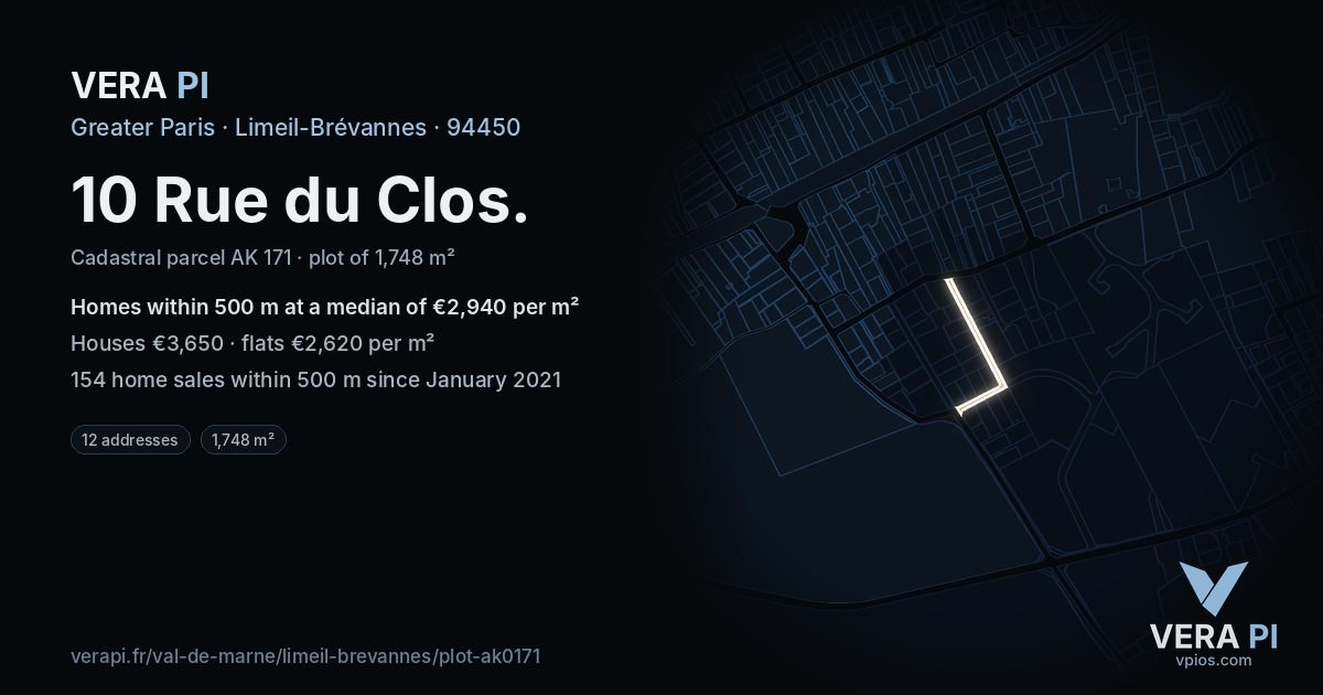 10 Rue du Clos, Limeil-Brévannes at night – the plot lit, the parcels around coloured by the prices near them