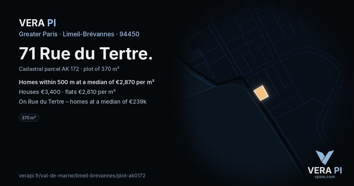71 Rue du Tertre, Limeil-Brévannes at night – the plot lit, the parcels around coloured by the prices near them