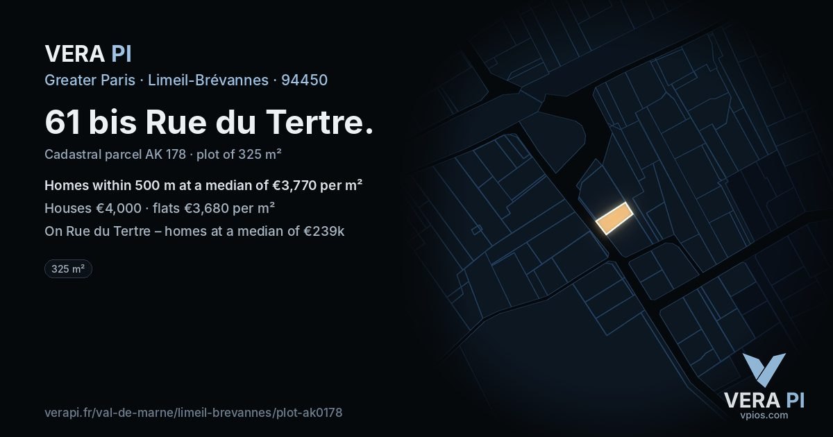 61 bis Rue du Tertre, Limeil-Brévannes at night – the plot lit, the parcels around coloured by the prices near them