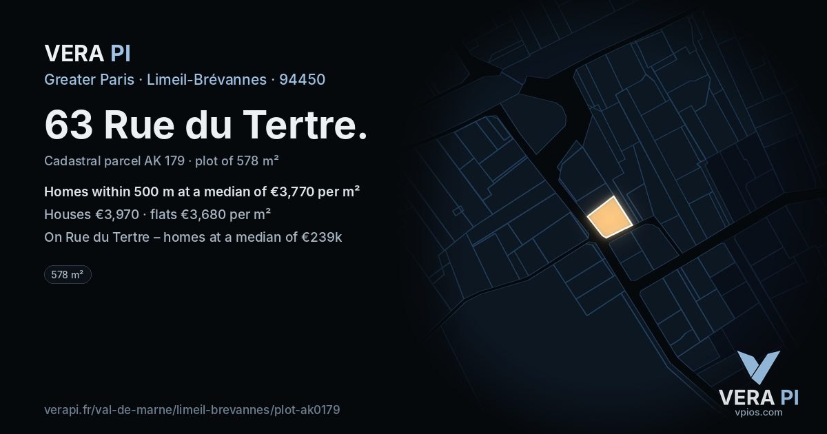 63 Rue du Tertre, Limeil-Brévannes at night – the plot lit, the parcels around coloured by the prices near them