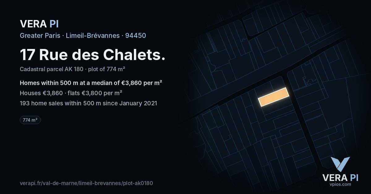 17 Rue des Chalets, Limeil-Brévannes at night – the plot lit, the parcels around coloured by the prices near them