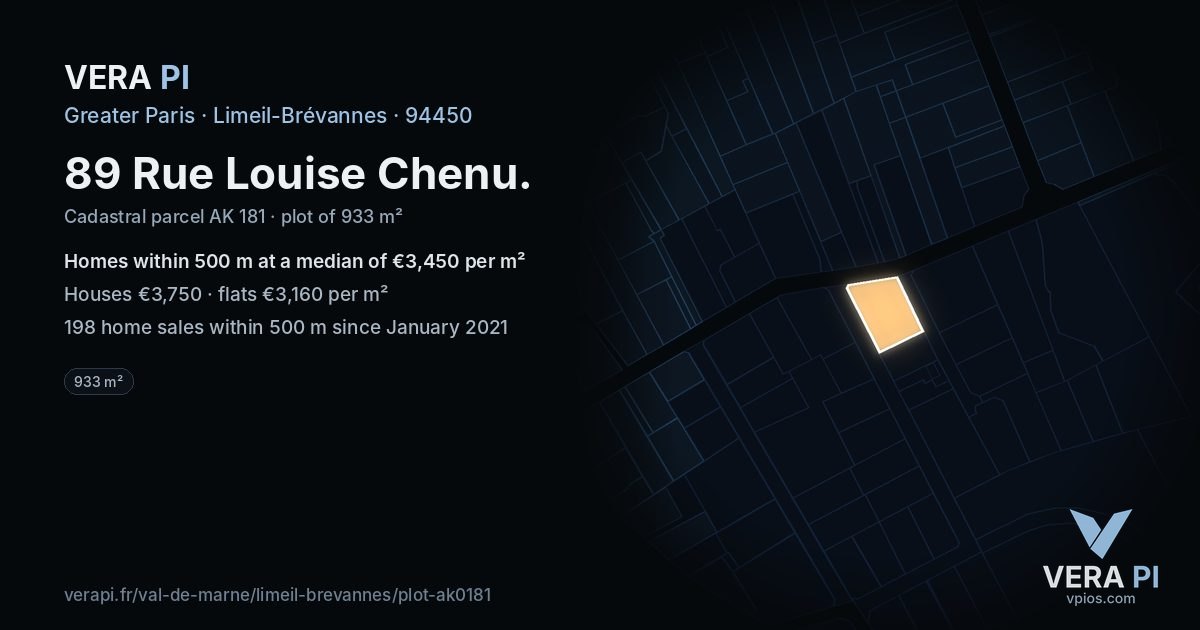 89 Rue Louise Chenu, Limeil-Brévannes at night – the plot lit, the parcels around coloured by the prices near them