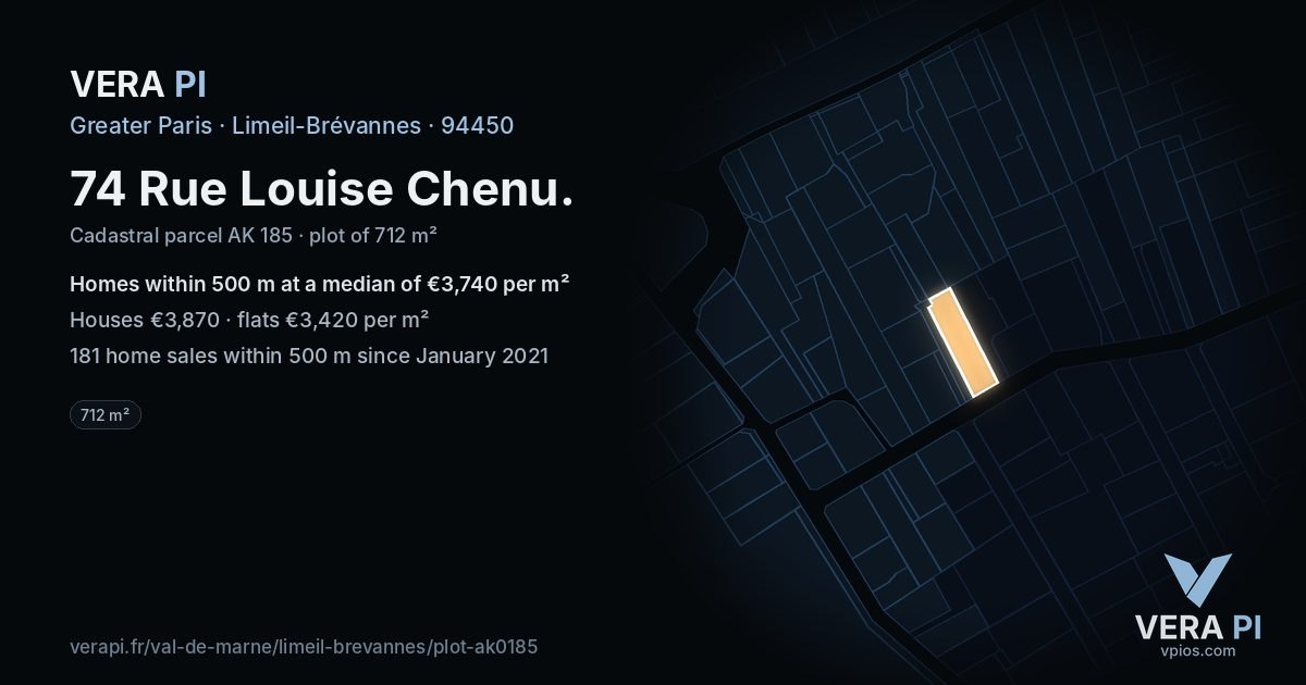 74 Rue Louise Chenu, Limeil-Brévannes at night – the plot lit, the parcels around coloured by the prices near them