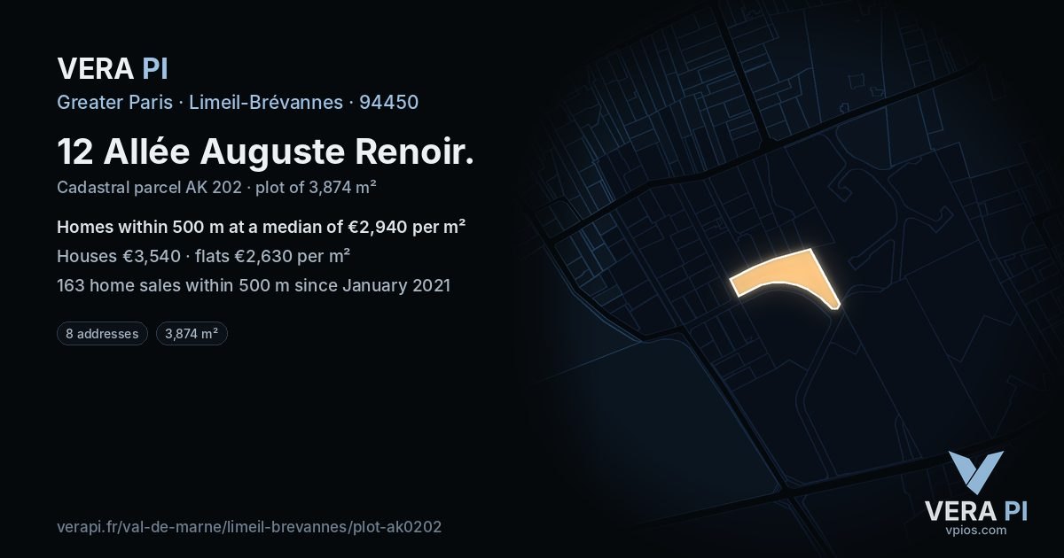 12 Allée Auguste Renoir, Limeil-Brévannes at night – the plot lit, the parcels around coloured by the prices near them