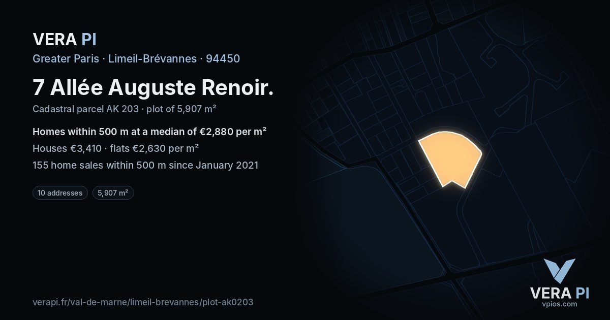 7 Allée Auguste Renoir, Limeil-Brévannes at night – the plot lit, the parcels around coloured by the prices near them