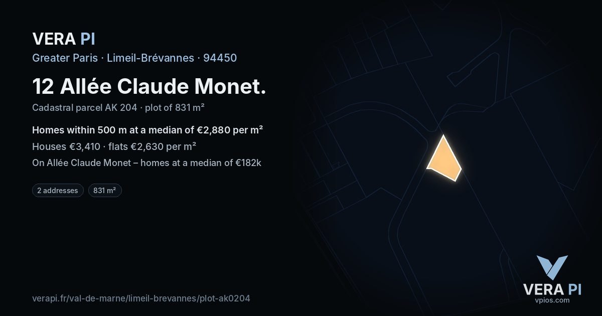 12 Allée Claude Monet, Limeil-Brévannes at night – the plot lit, the parcels around coloured by the prices near them