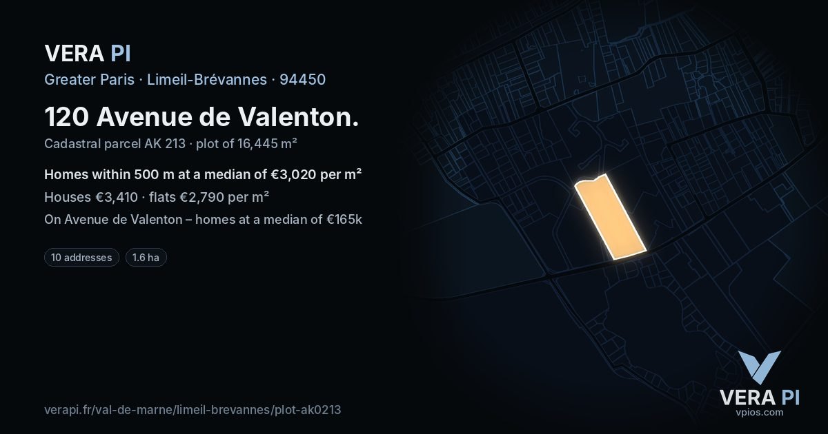 120 Avenue de Valenton, Limeil-Brévannes at night – the plot lit, the parcels around coloured by the prices near them