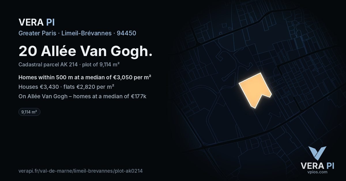 20 Allée Van Gogh, Limeil-Brévannes at night – the plot lit, the parcels around coloured by the prices near them