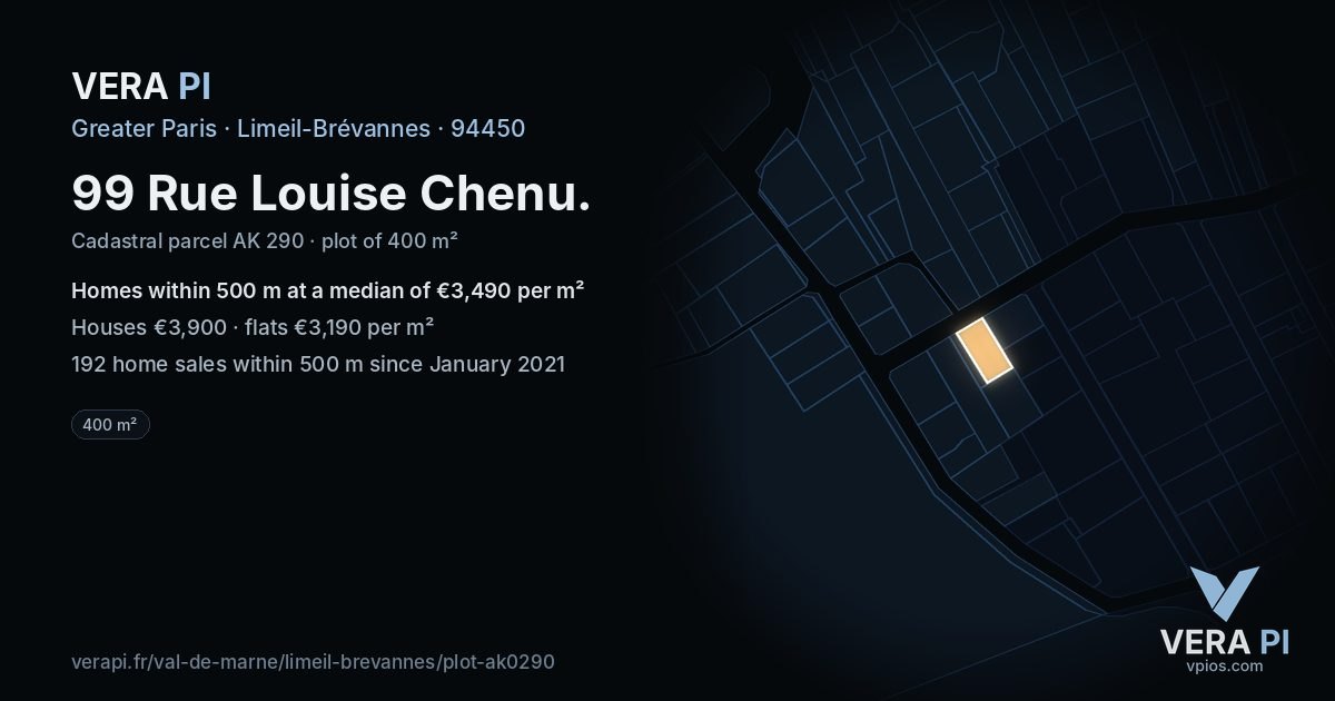 99 Rue Louise Chenu, Limeil-Brévannes at night – the plot lit, the parcels around coloured by the prices near them