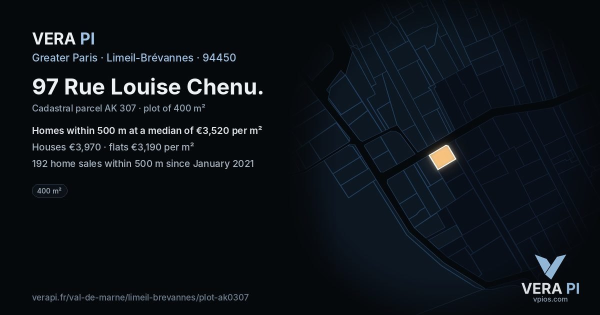 97 Rue Louise Chenu, Limeil-Brévannes at night – the plot lit, the parcels around coloured by the prices near them