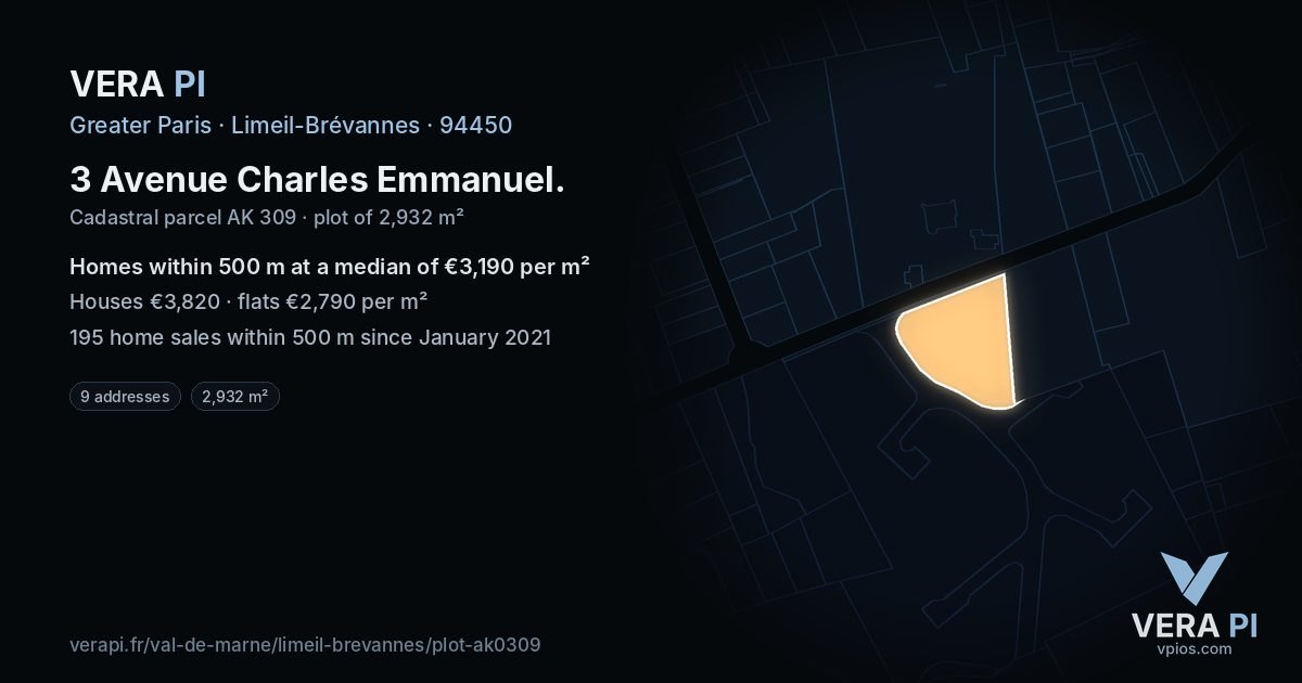 3 Avenue Charles Emmanuel, Limeil-Brévannes at night – the plot lit, the parcels around coloured by the prices near them