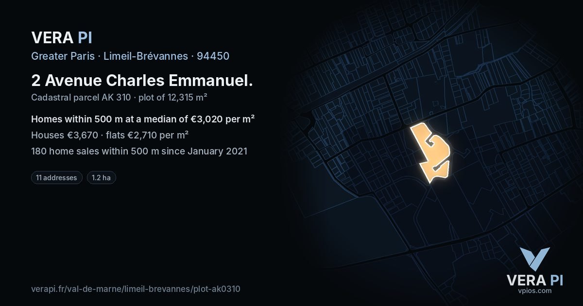 2 Avenue Charles Emmanuel, Limeil-Brévannes at night – the plot lit, the parcels around coloured by the prices near them